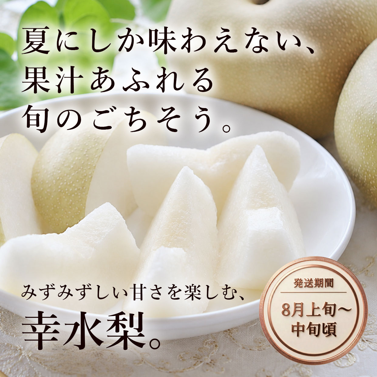 夏にしか味わえない、果汁あふれる旬のごちそう。幸水梨。