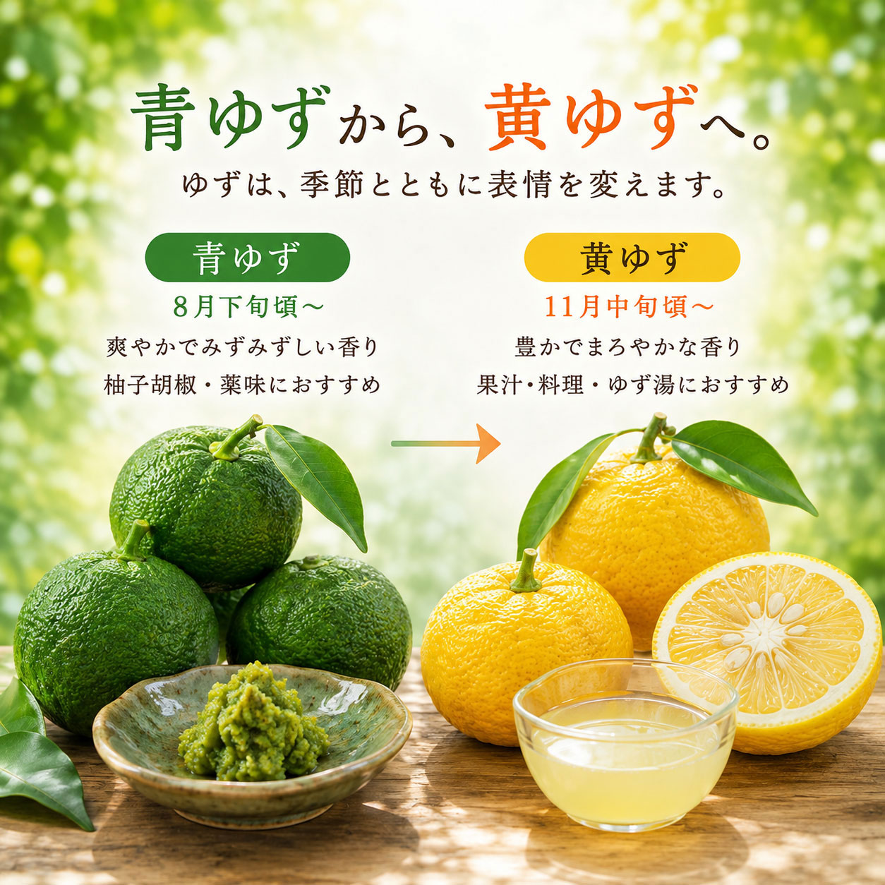 青ゆずから黄ゆずへ。季節とともに変わる香り。